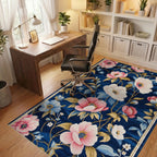 Rich Indigo Floral Blossom Garden Rug - Office View
