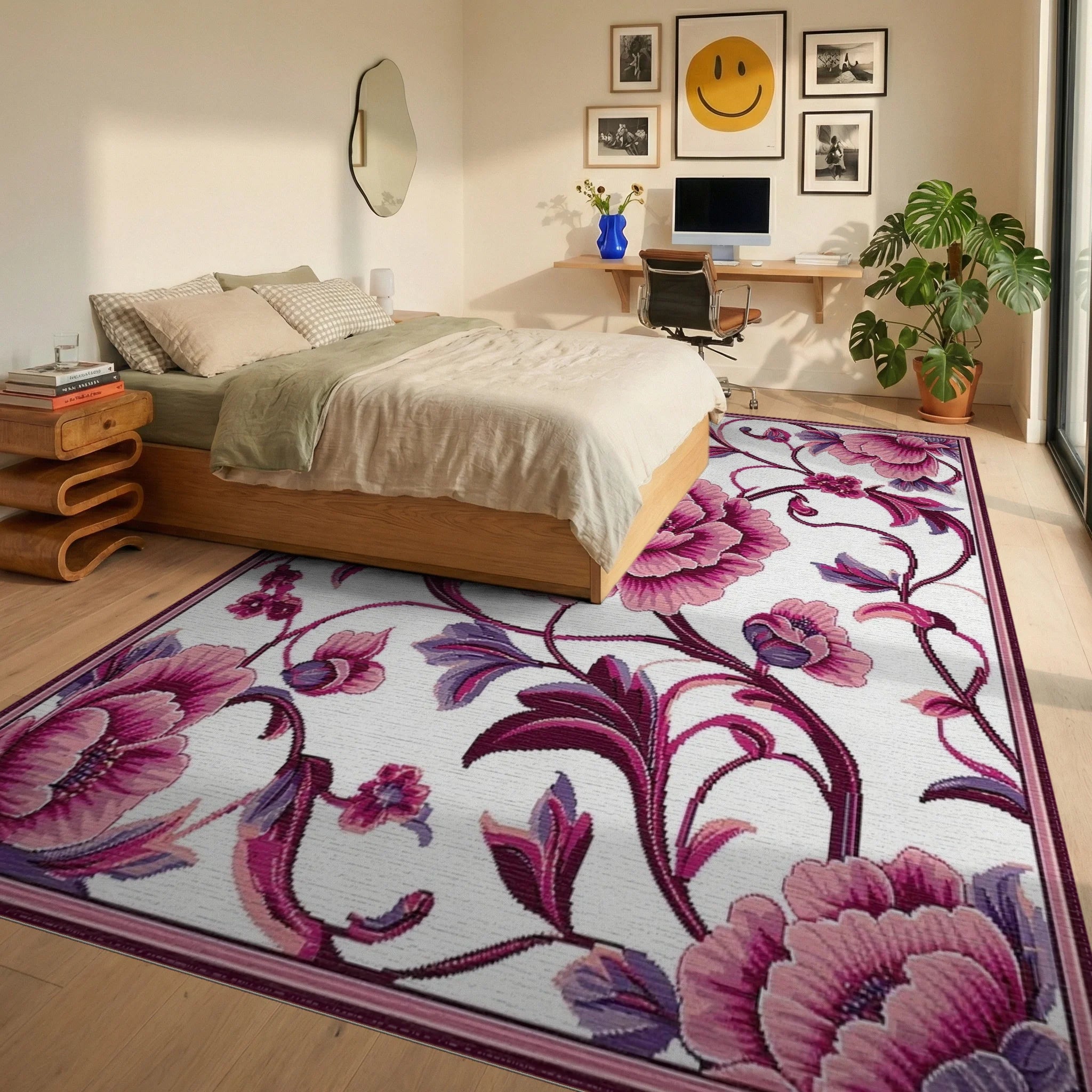 Rich Pink Floral Vines Rug - Bedroom View