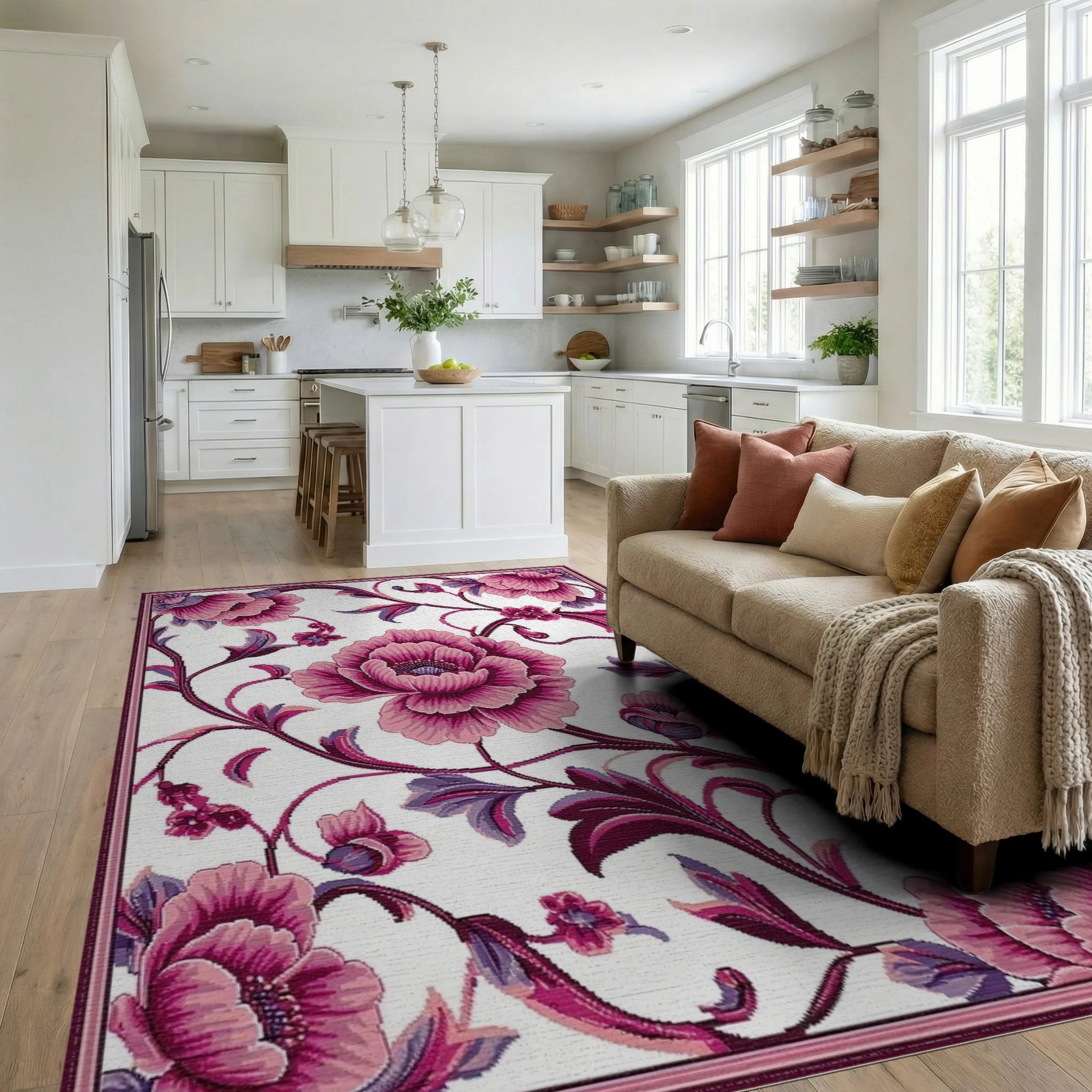 Rich Pink Floral Vines Rug - Living Room View