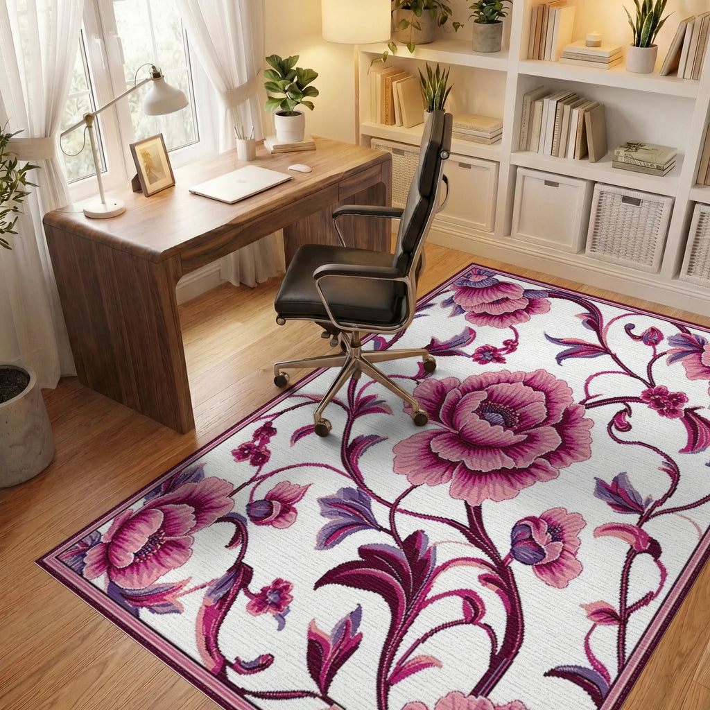 Rich Pink Floral Vines Rug - Office View