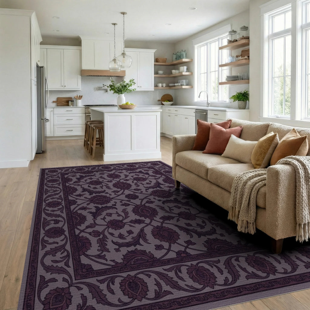 Rich Plum Floral Garden Medallion Rug Living Room View