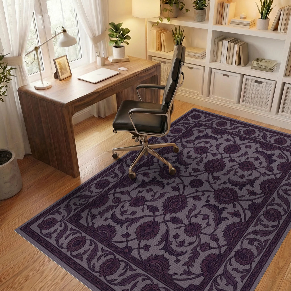 Rich Plum Floral Garden Medallion Rug Office View