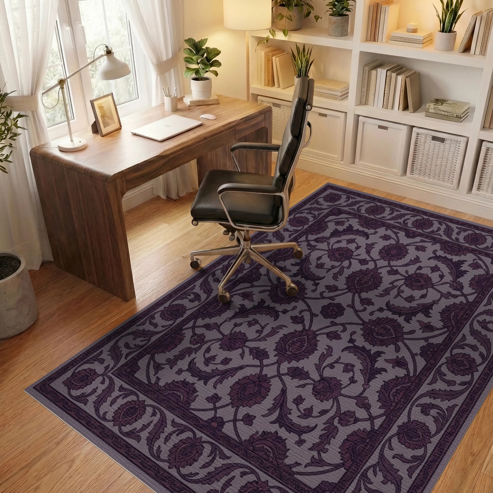 Rich Plum Floral Garden Medallion Rug Office View