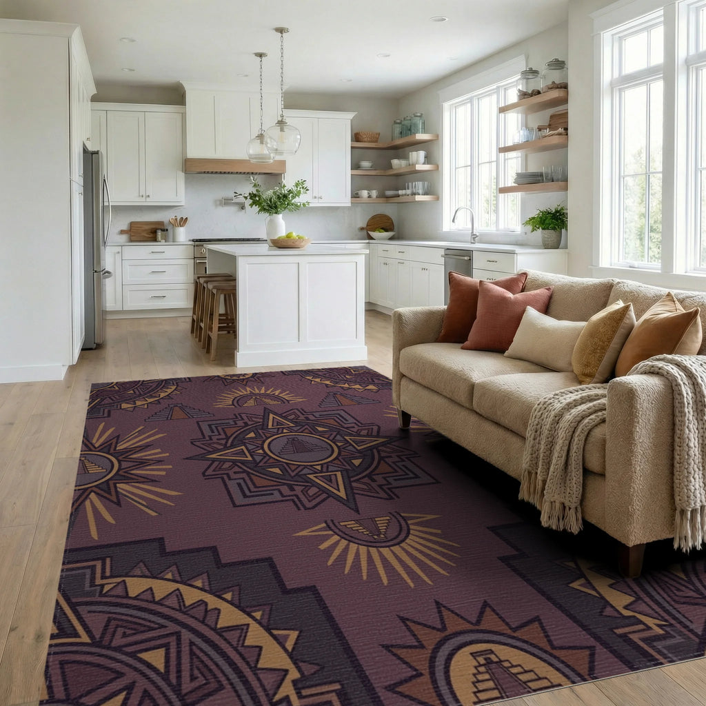 Rich Plum Sun Pyramid Geometric Art Rug Living Room View