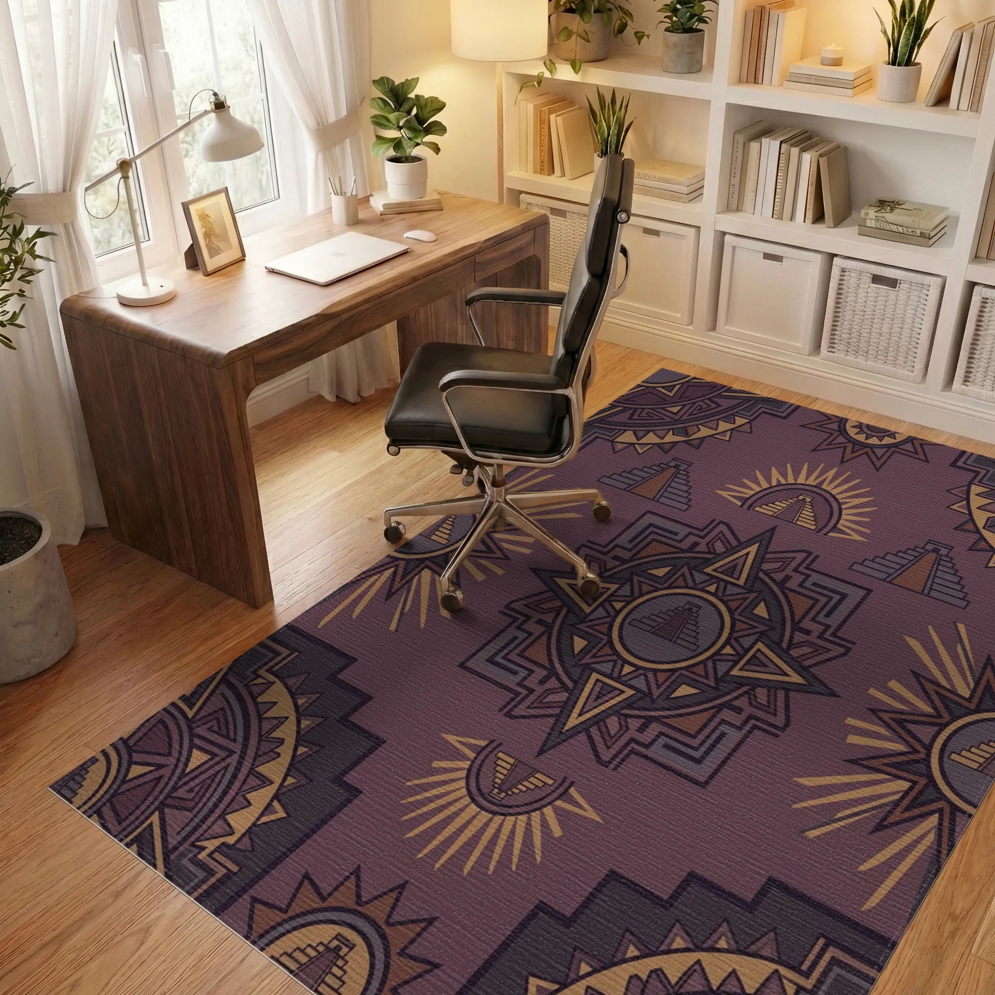 Rich Plum Sun Pyramid Geometric Art Rug Office View