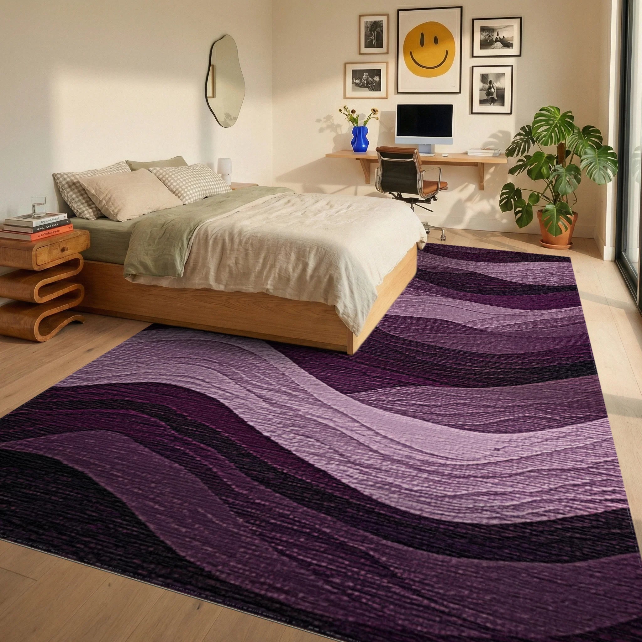 Rich Purple Wavy Stripe Rug Bedroom View