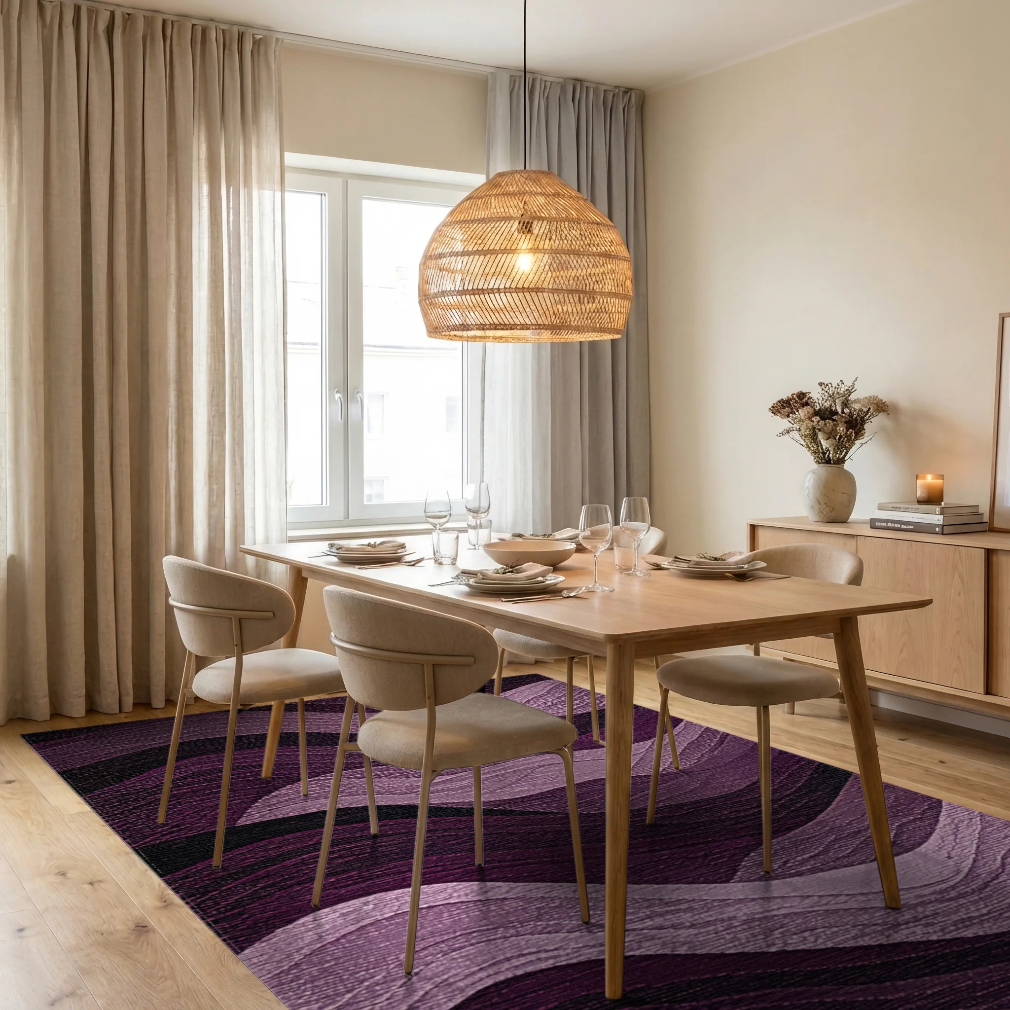 Rich Purple Wavy Stripe Rug Dining Room View