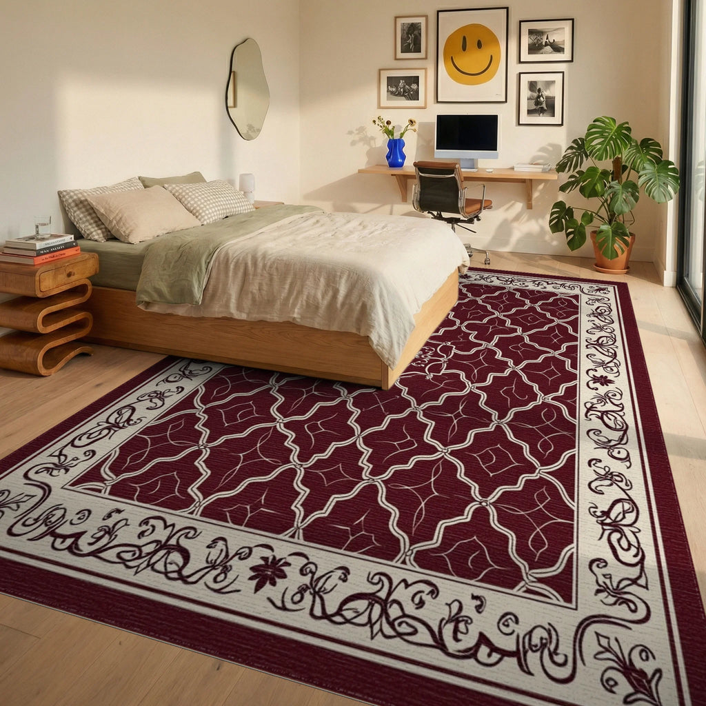 Rich Red Cream Geometric Floral Rug Bedroom View