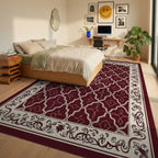 Rich Red Cream Geometric Floral Rug Bedroom View
