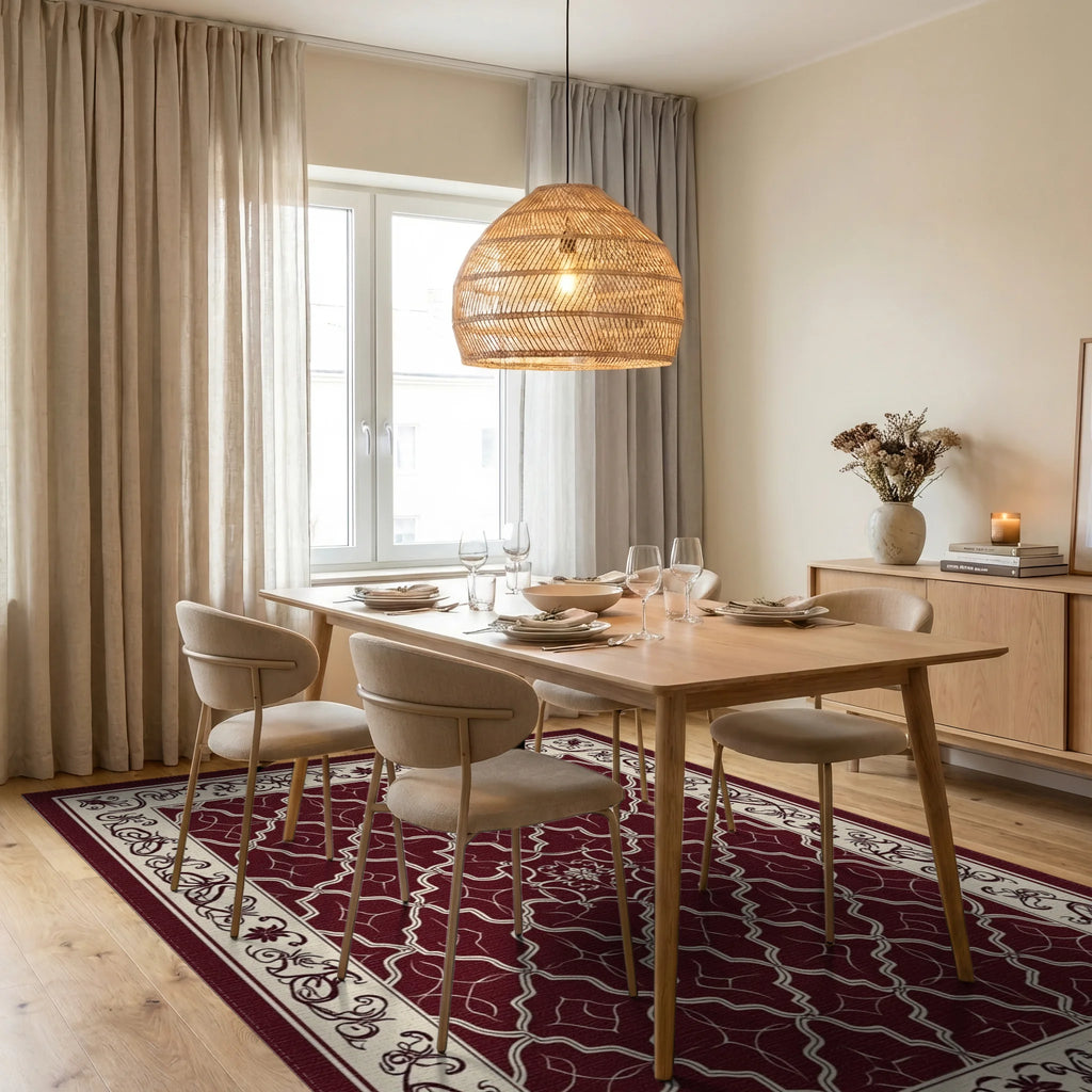 Rich Red Cream Geometric Floral Rug Dining Room View