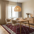 Rich Red Cream Geometric Floral Rug Dining Room View