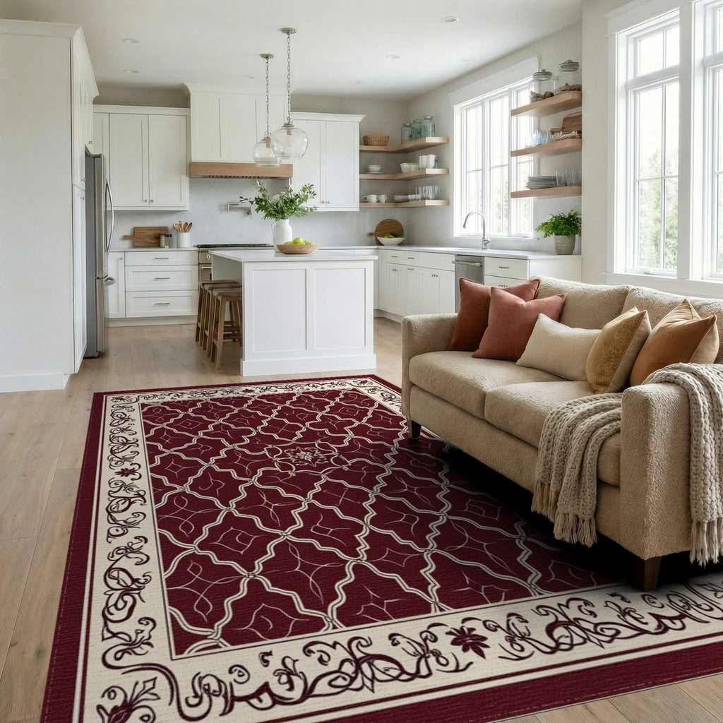 Rich Red Cream Geometric Floral Rug Living Room View