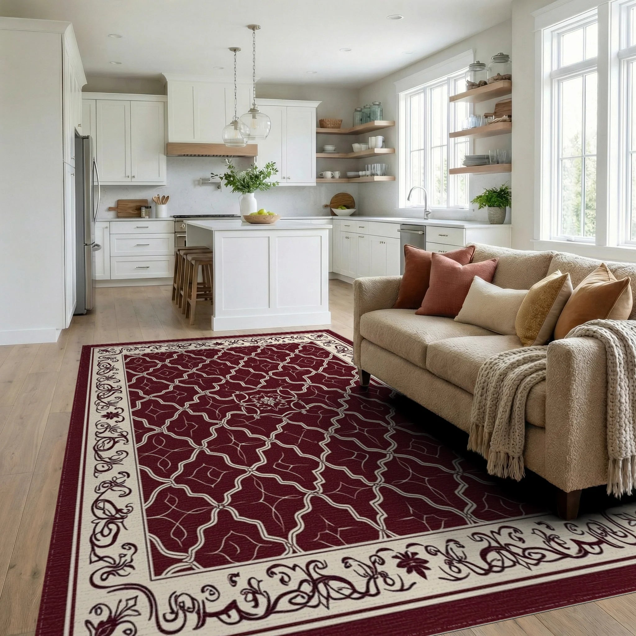 Rich Red Cream Geometric Floral Rug Living Room View