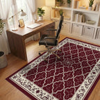 Rich Red Cream Geometric Floral Rug Office View