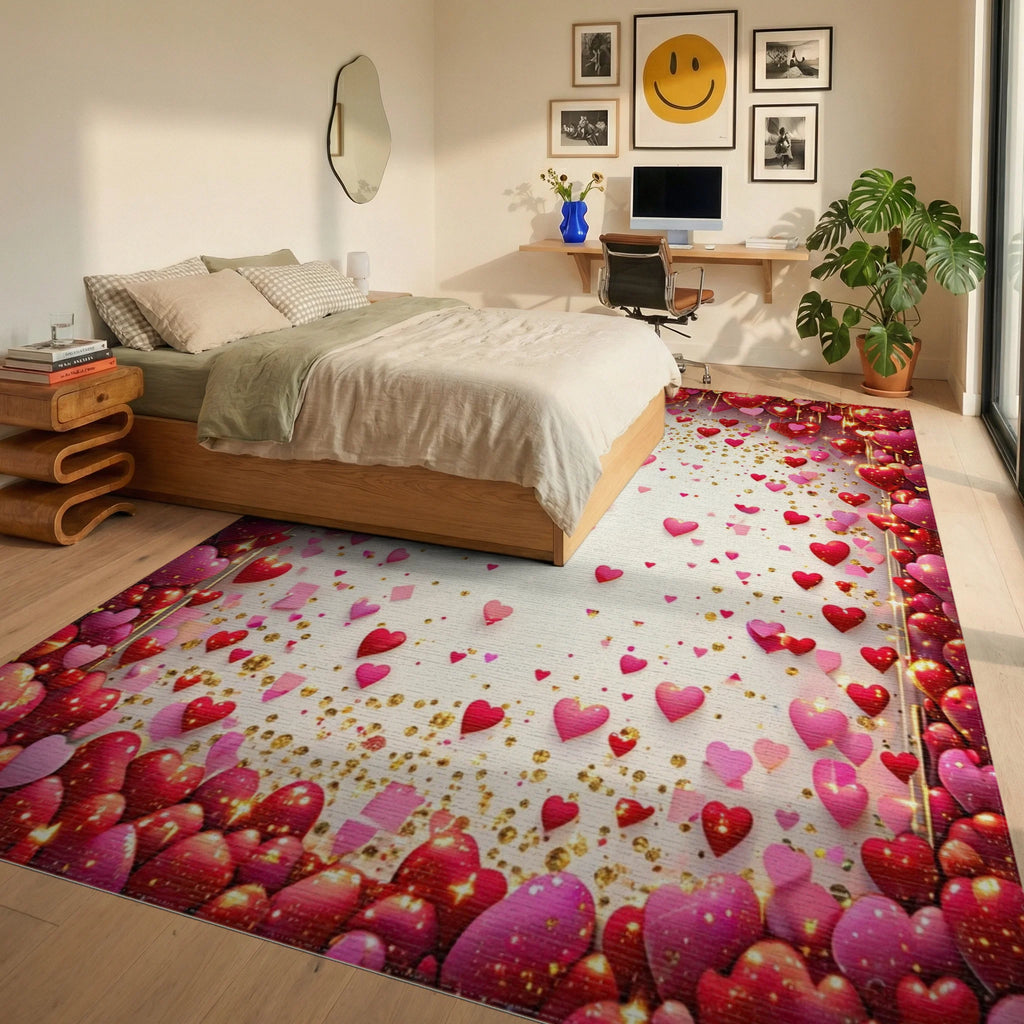 Romantic Heart Confetti Pattern Rug - Bedroom View