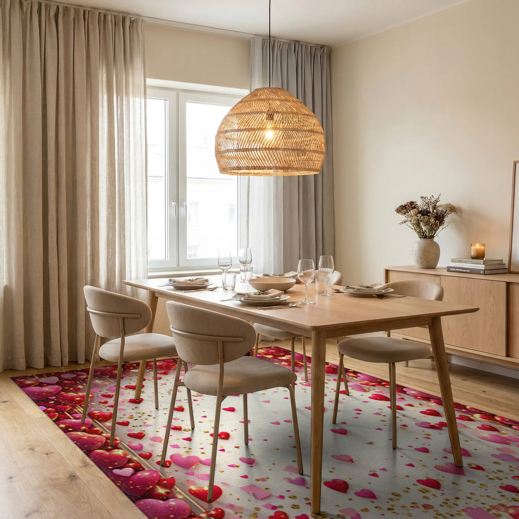 Romantic Heart Confetti Pattern Rug - Dining Room View