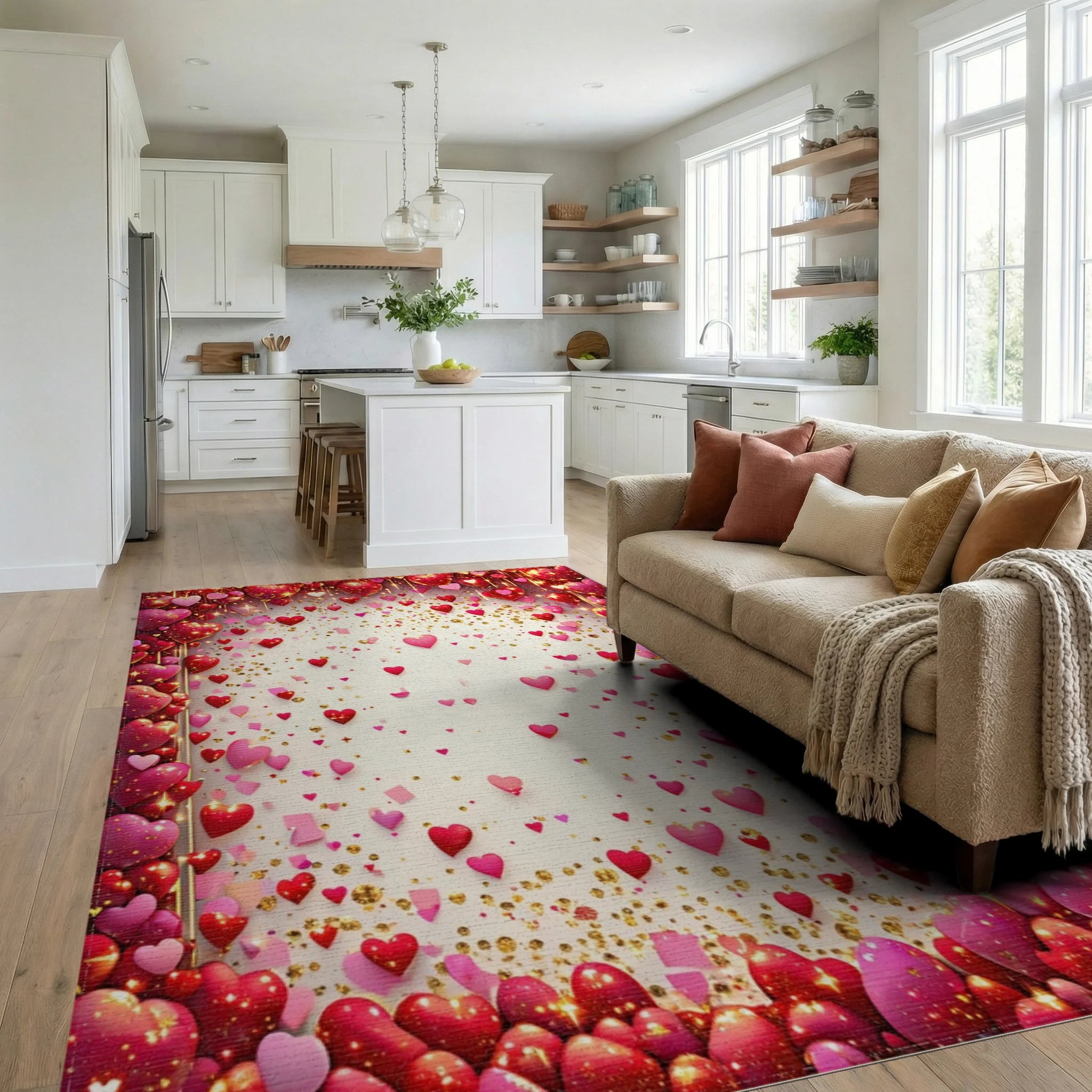 Romantic Heart Confetti Pattern Rug - Living Room View