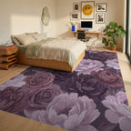 Romantic Plum And Mauve Peony Rose Garden Rug Bedroom View