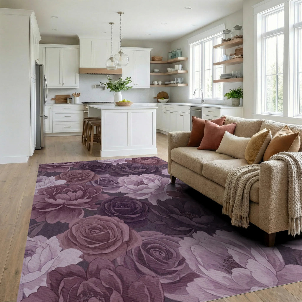 Romantic Plum And Mauve Peony Rose Garden Rug Living Room View