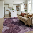 Romantic Plum And Mauve Peony Rose Garden Rug Living Room View