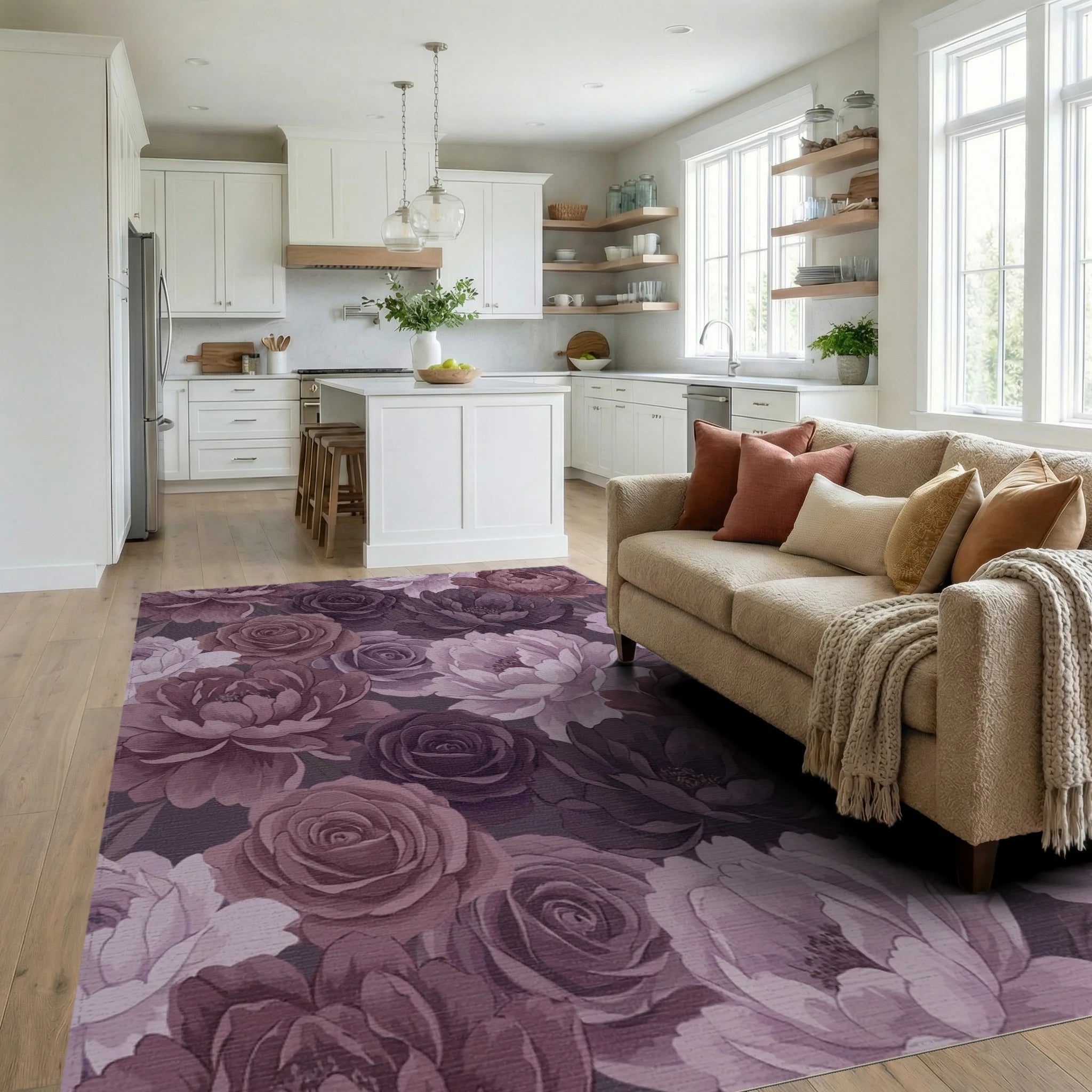 Romantic Plum And Mauve Peony Rose Garden Rug Living Room View