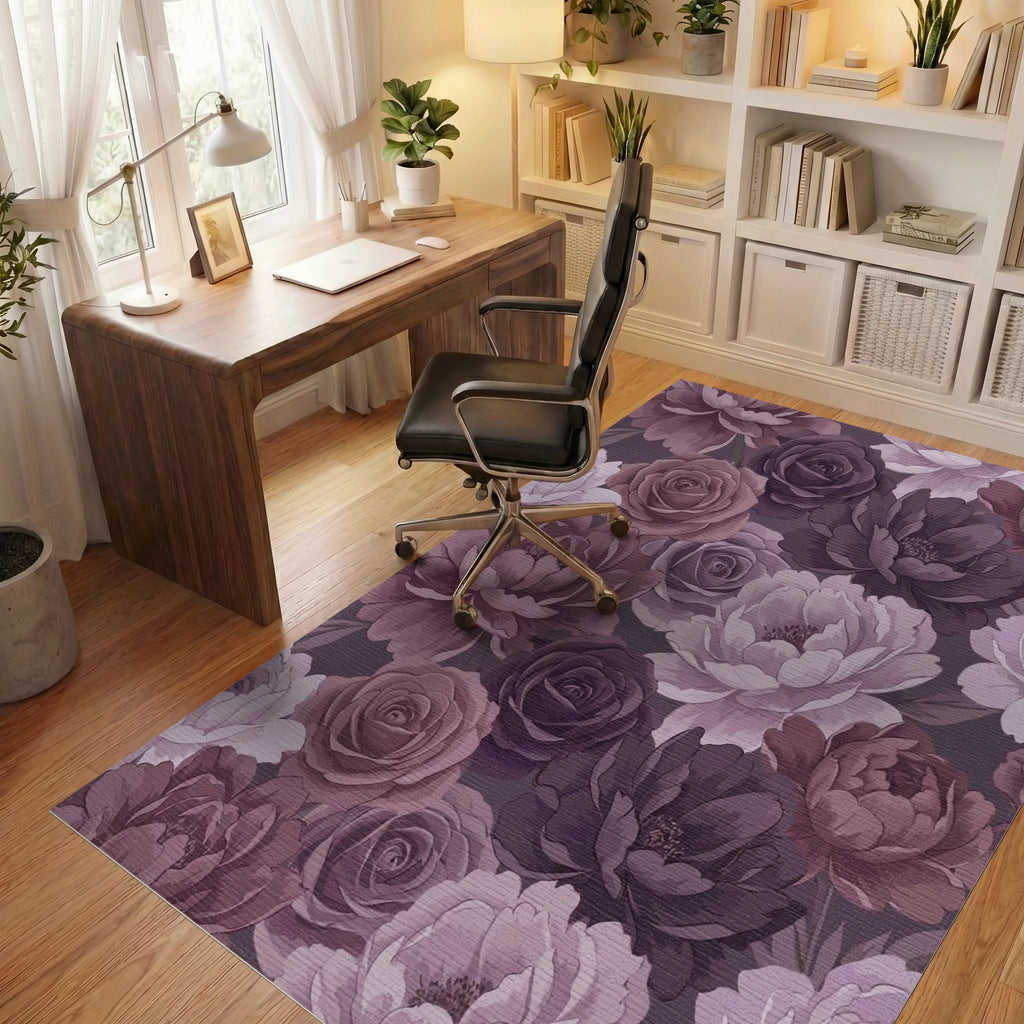 Romantic Plum And Mauve Peony Rose Garden Rug Office View
