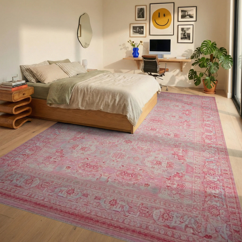 Rose Blossom Medallion Border Rug - Bedroom View