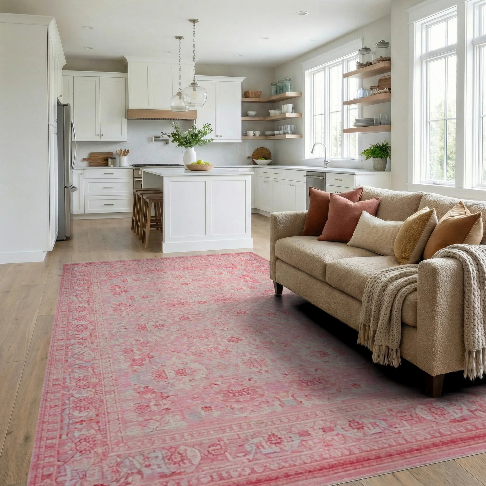 Rose Blossom Medallion Border Rug - Living Room View