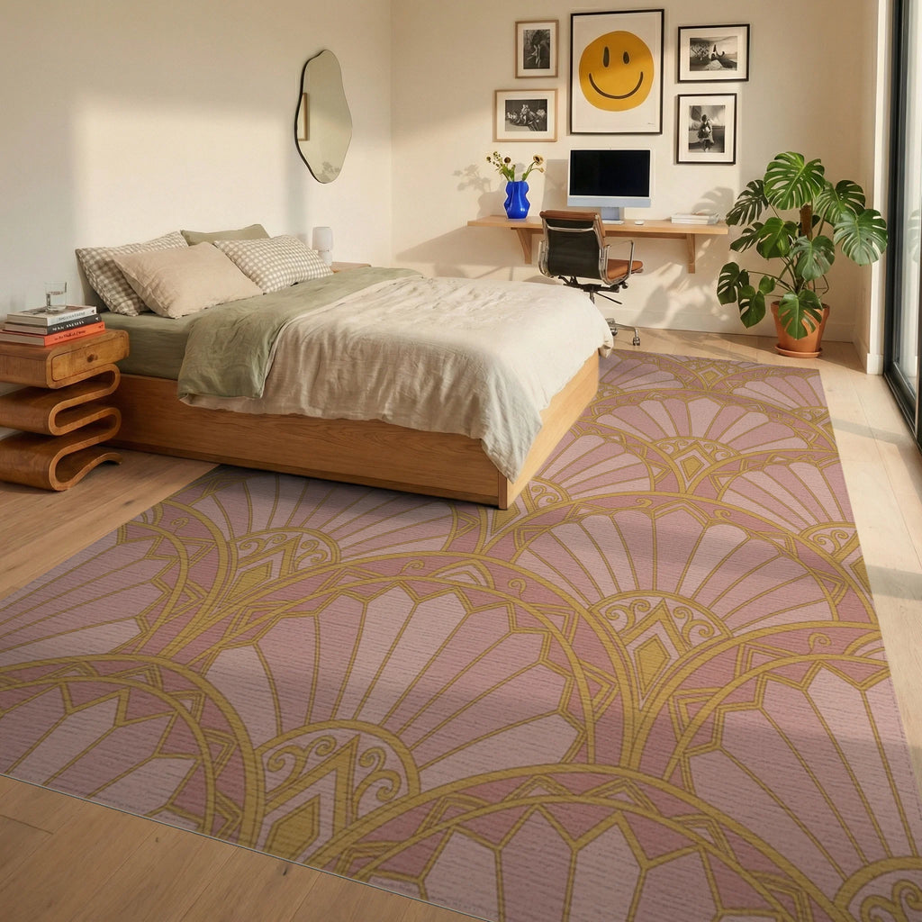 Rose Gold Fan Scallop Geometric Rug Bedroom View