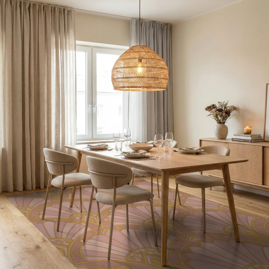 Rose Gold Fan Scallop Geometric Rug Dining Room View