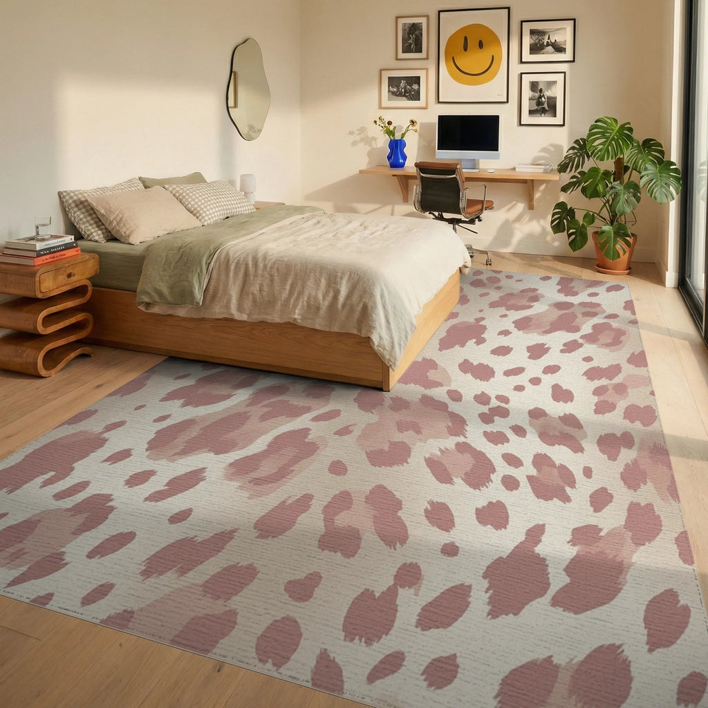 Rosy Pink Leopard Spots Rug Bedroom View