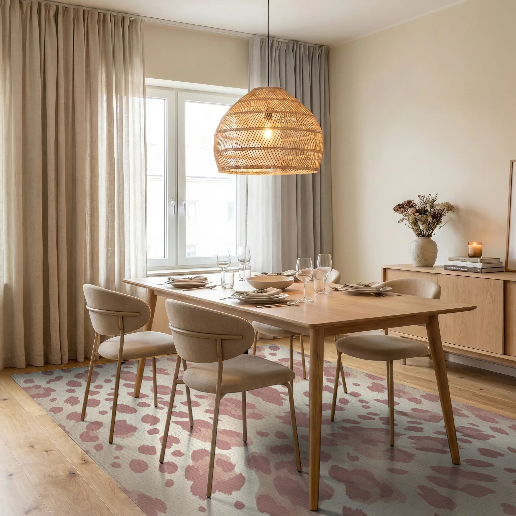 Rosy Pink Leopard Spots Rug Dining Room View