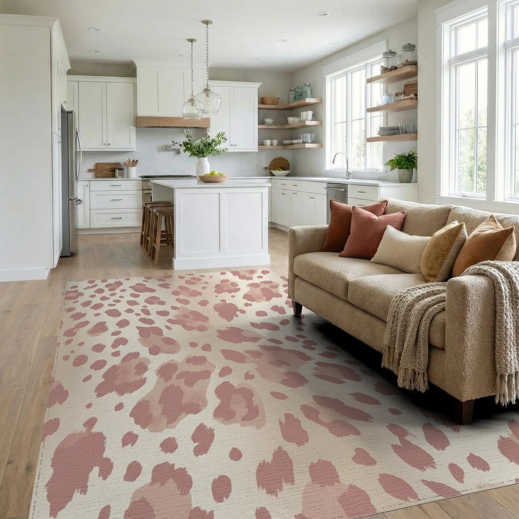 Rosy Pink Leopard Spots Rug Living Room View