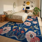 Royal Blue Peony Garden Floral Rug - Bedroom View