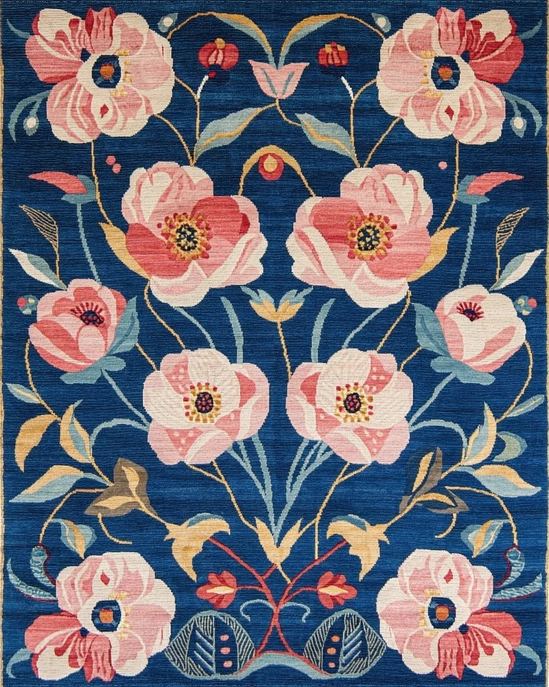 Royal Blue Peony Garden Floral Rug - Cutout View
