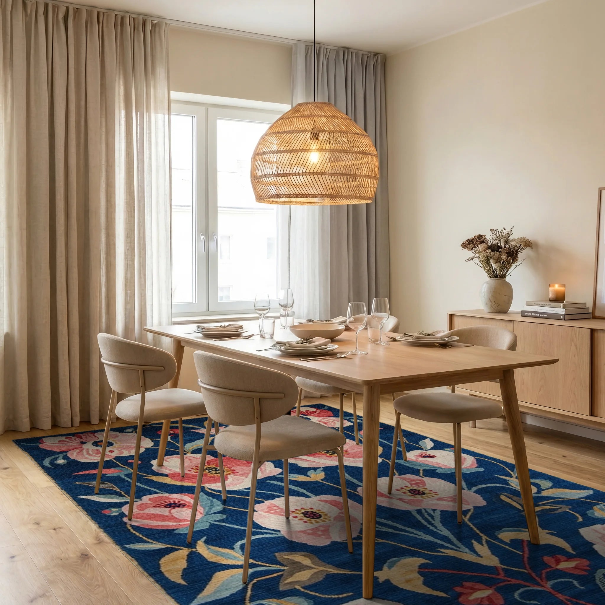 Royal Blue Peony Garden Floral Rug - Dining Room View