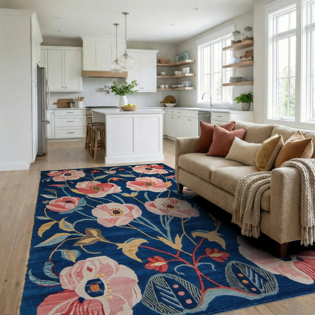 Royal Blue Peony Garden Floral Rug - Living Room View