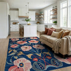 Royal Blue Peony Garden Floral Rug - Living Room View