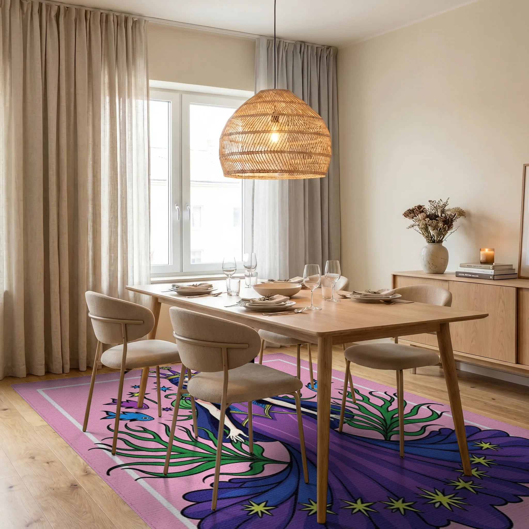 Royal Purple Queen with Starry Skirt Rug Dining Room View