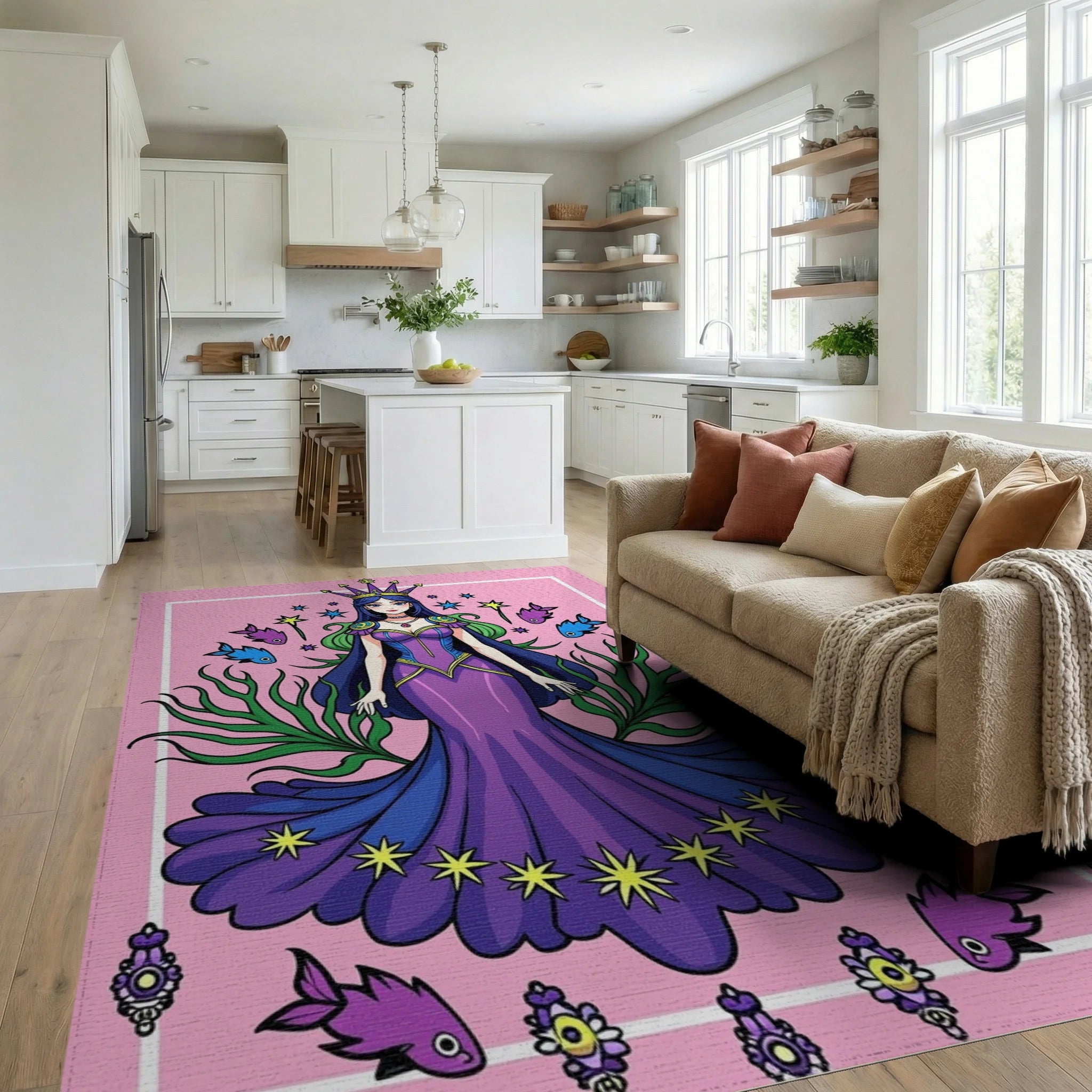 Royal Purple Queen with Starry Skirt Rug Living Room View