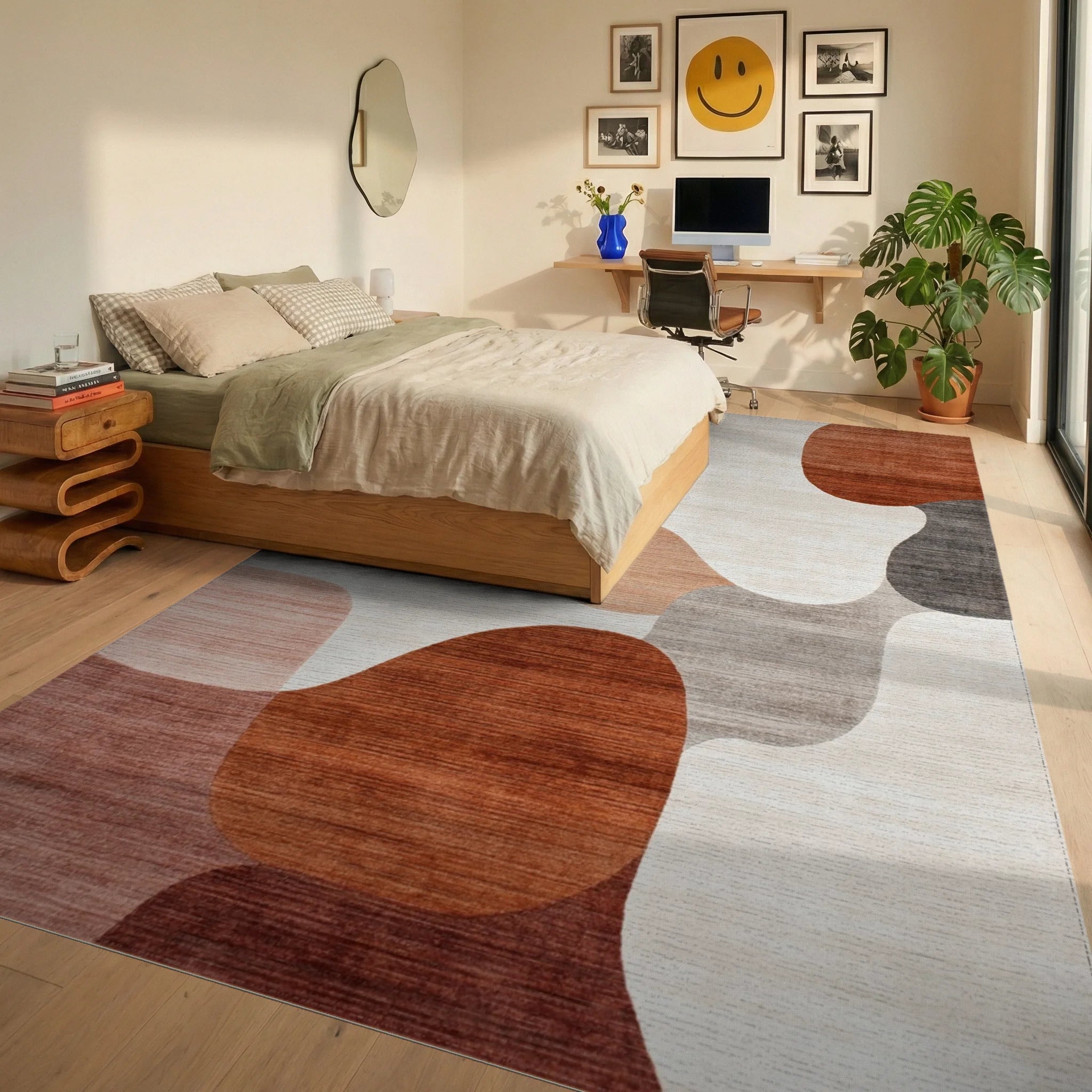 Rust Ochre Abstract Organic Shapes Rug - Bedroom View