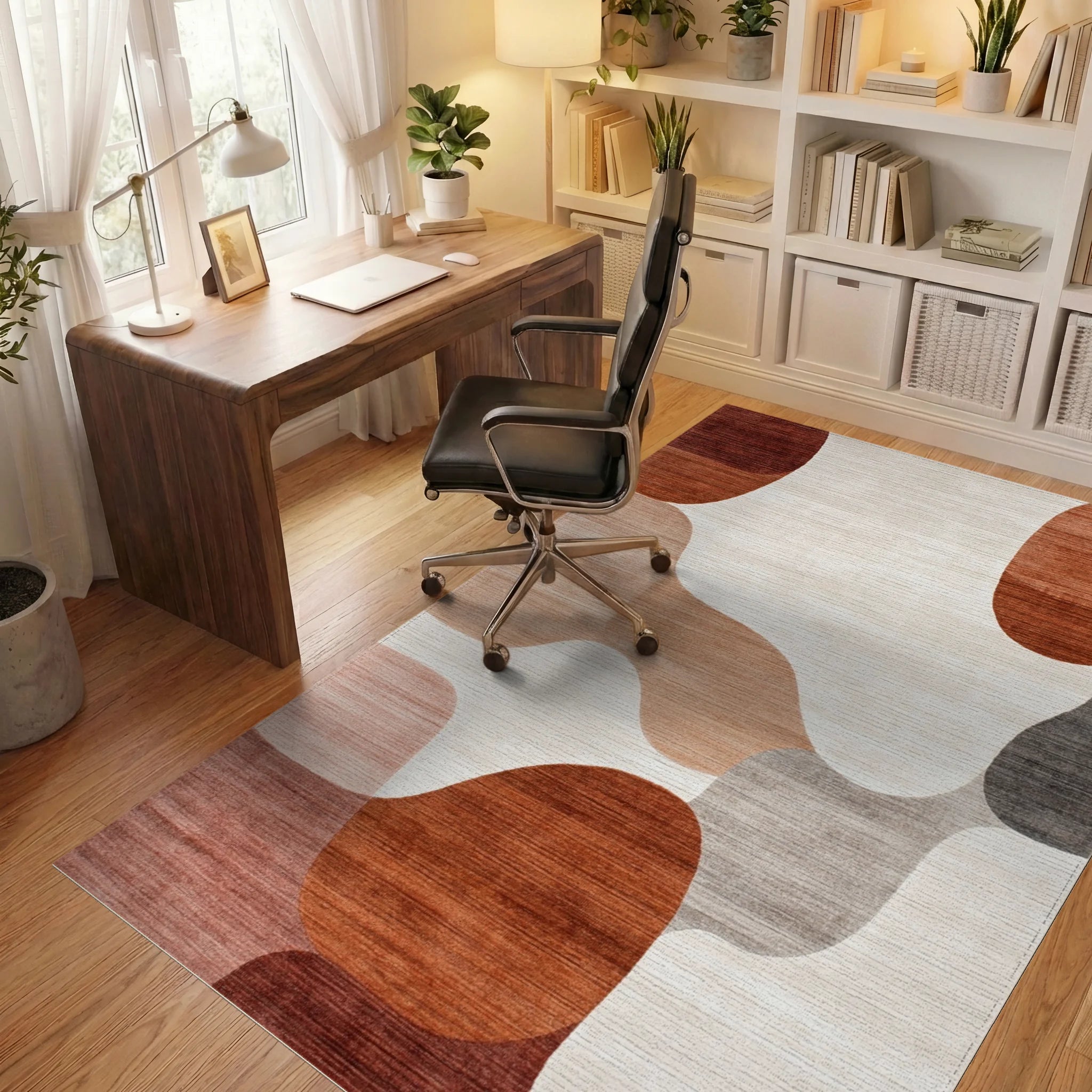 Rust Ochre Abstract Organic Shapes Rug - Office View