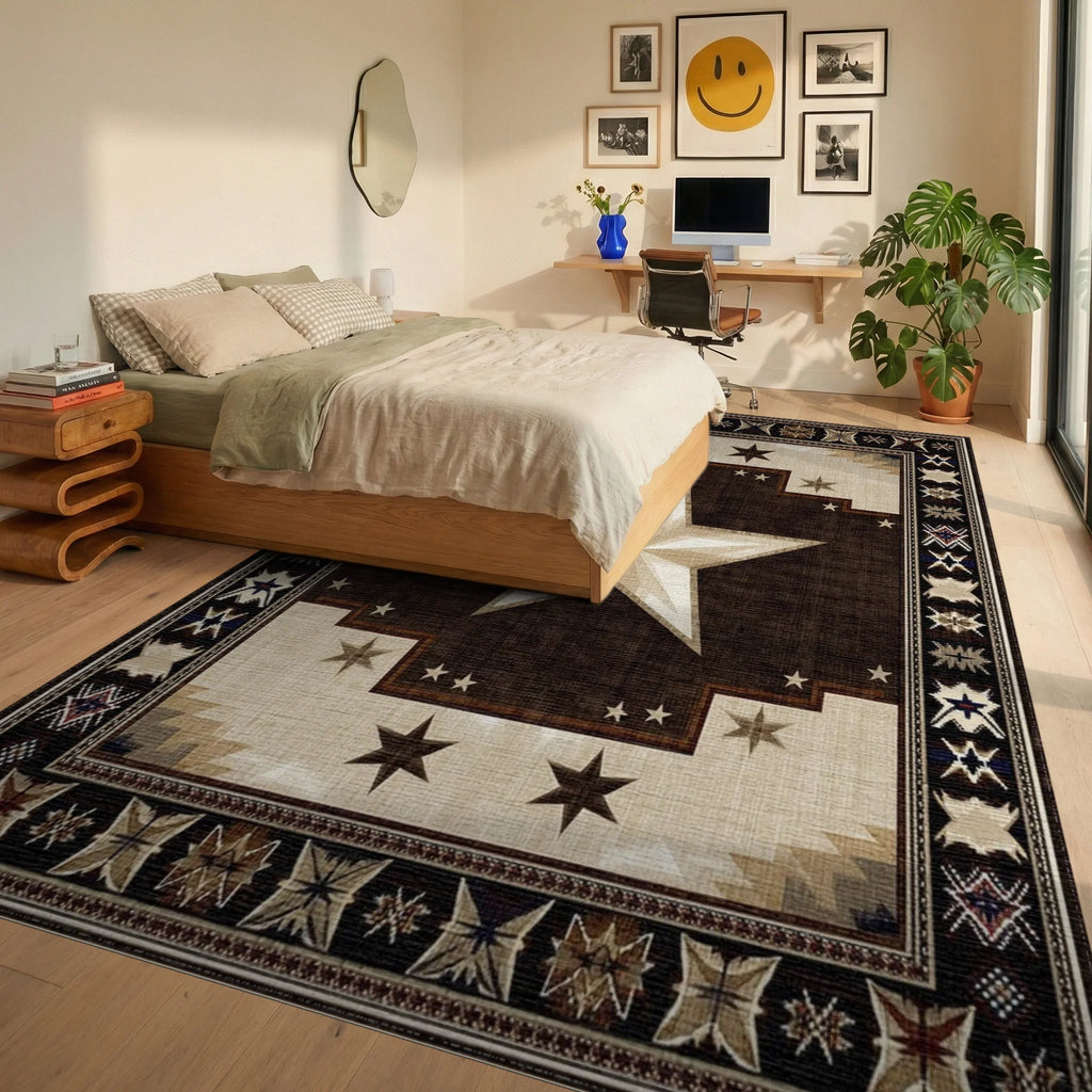 Rustic Brown Star Southwestern Rug - Bedroom View