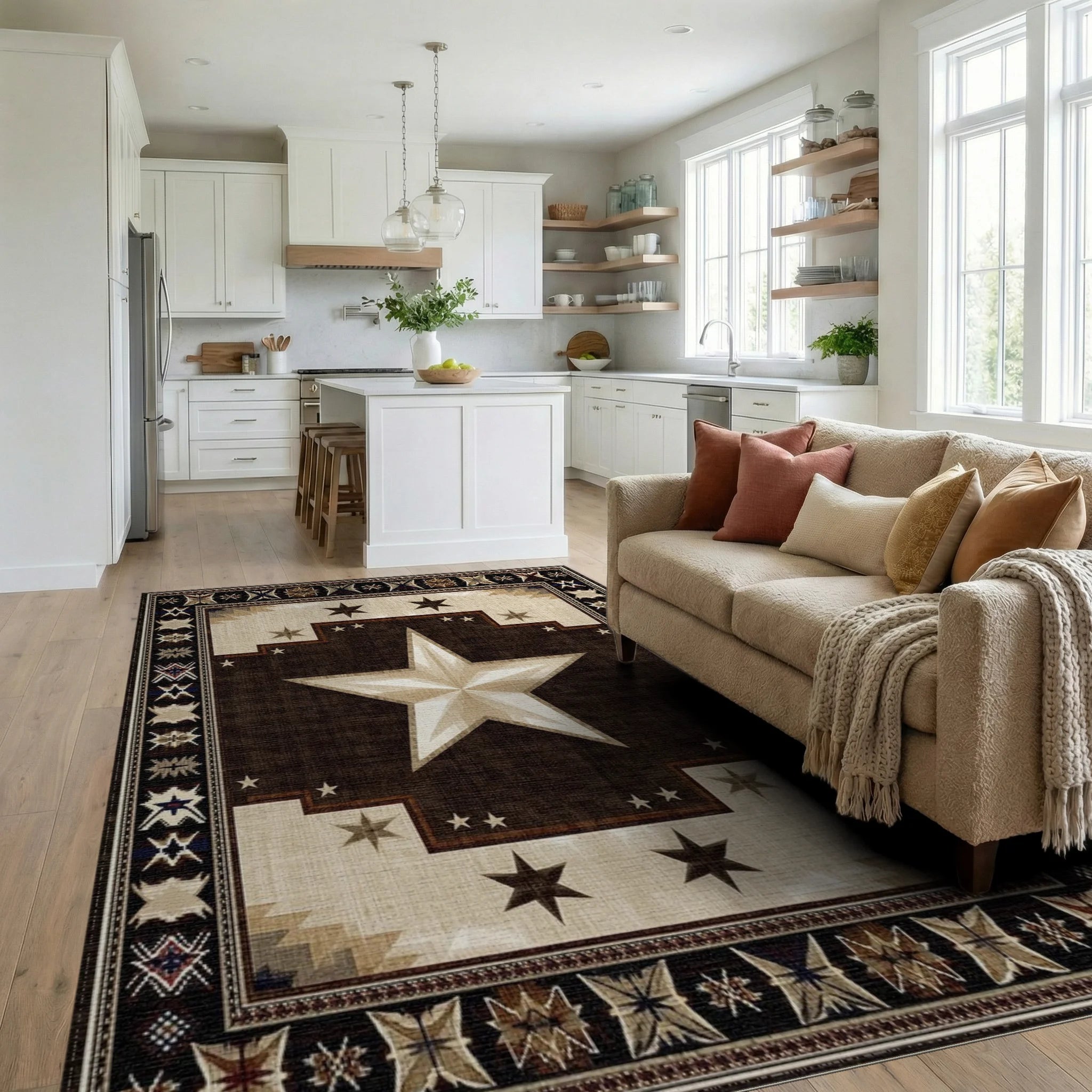 Rustic Brown Star Southwestern Rug - Living Room View
