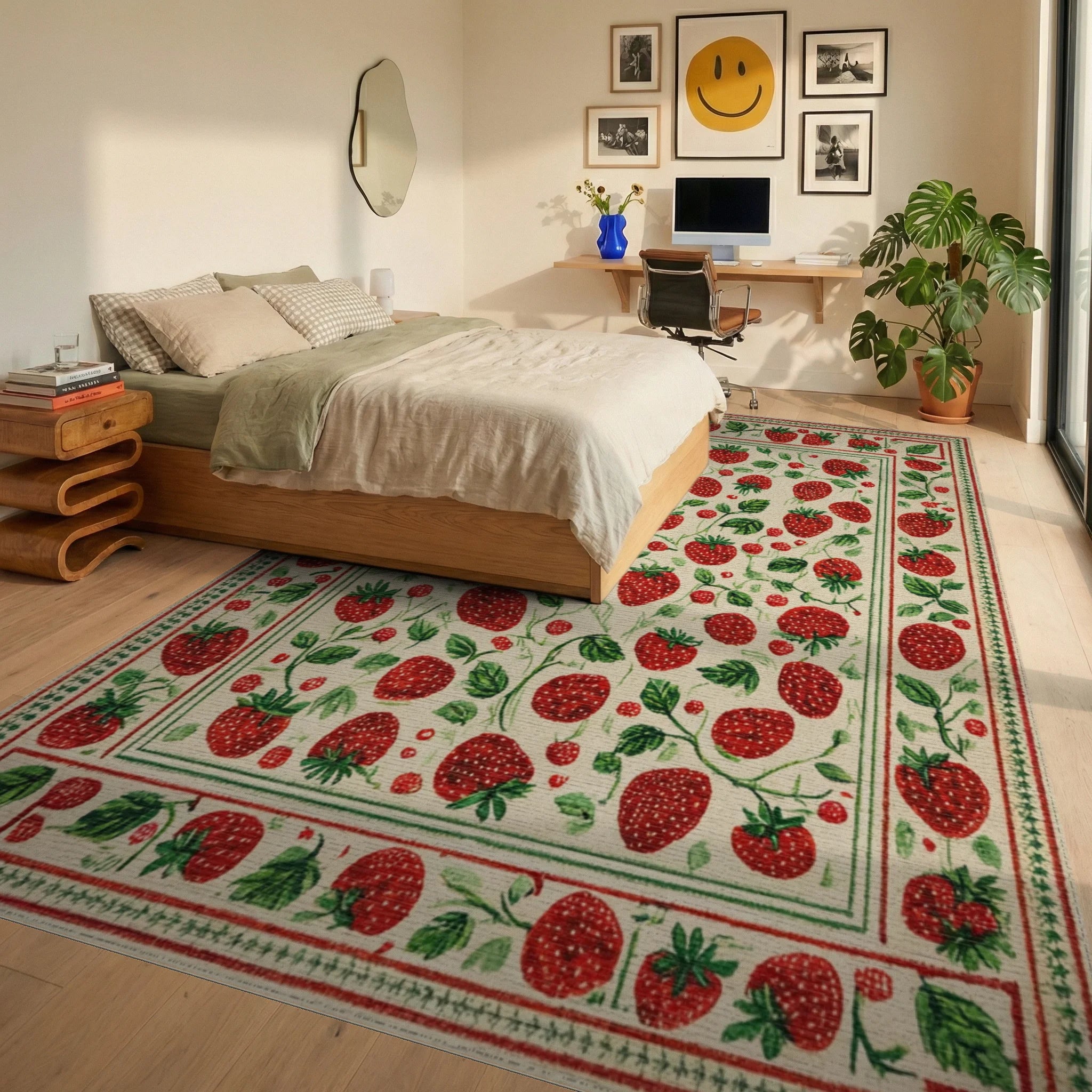 Rustic Cream Red Strawberry Garden Rug - Bedroom View