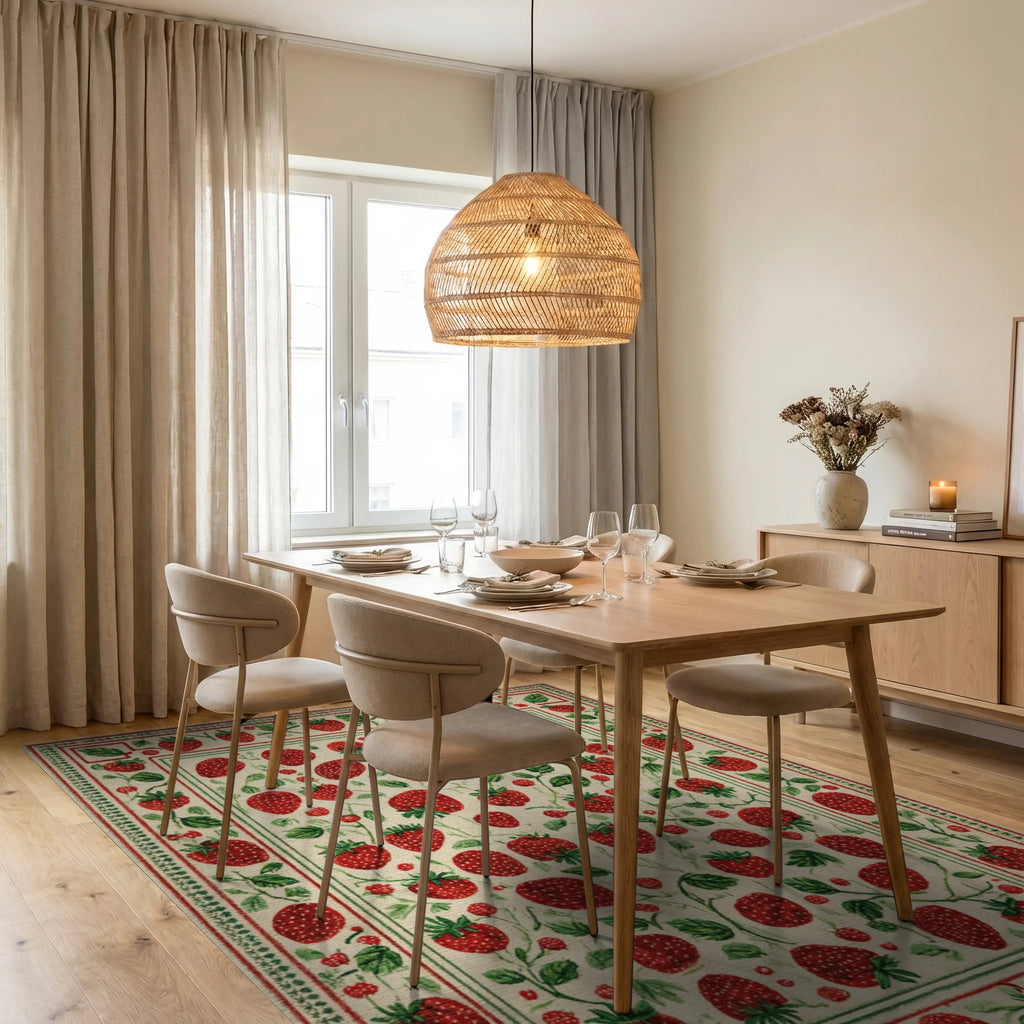 Rustic Cream Red Strawberry Garden Rug - Dining Room View