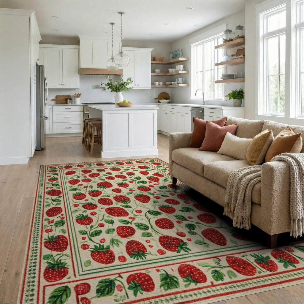 Rustic Cream Red Strawberry Garden Rug - Living Room View