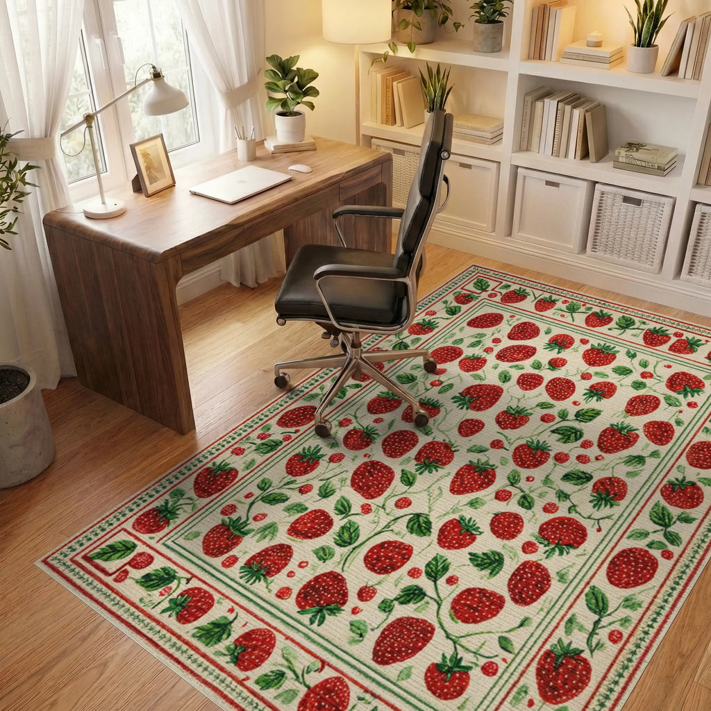 Rustic Cream Red Strawberry Garden Rug - Office View