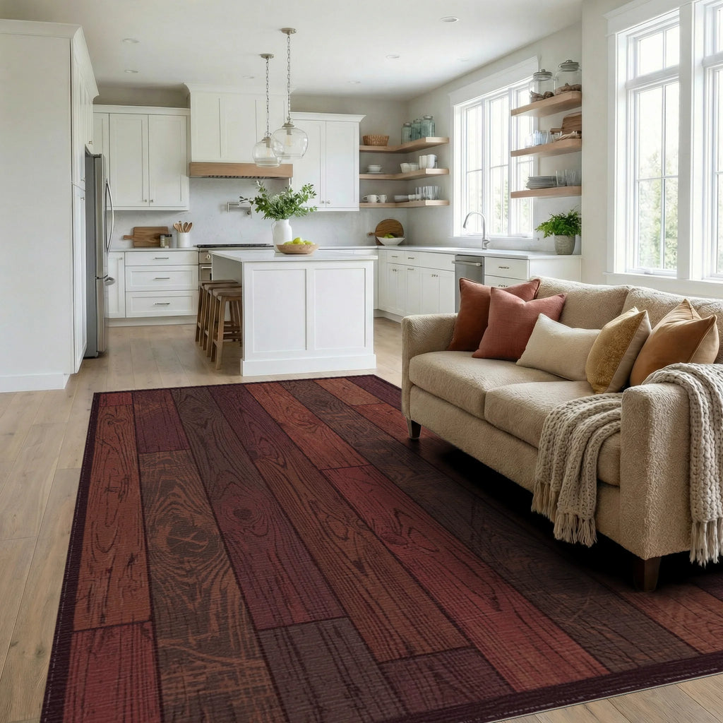 Rustic Dark Wood Grain Planks Rug Living Room View
