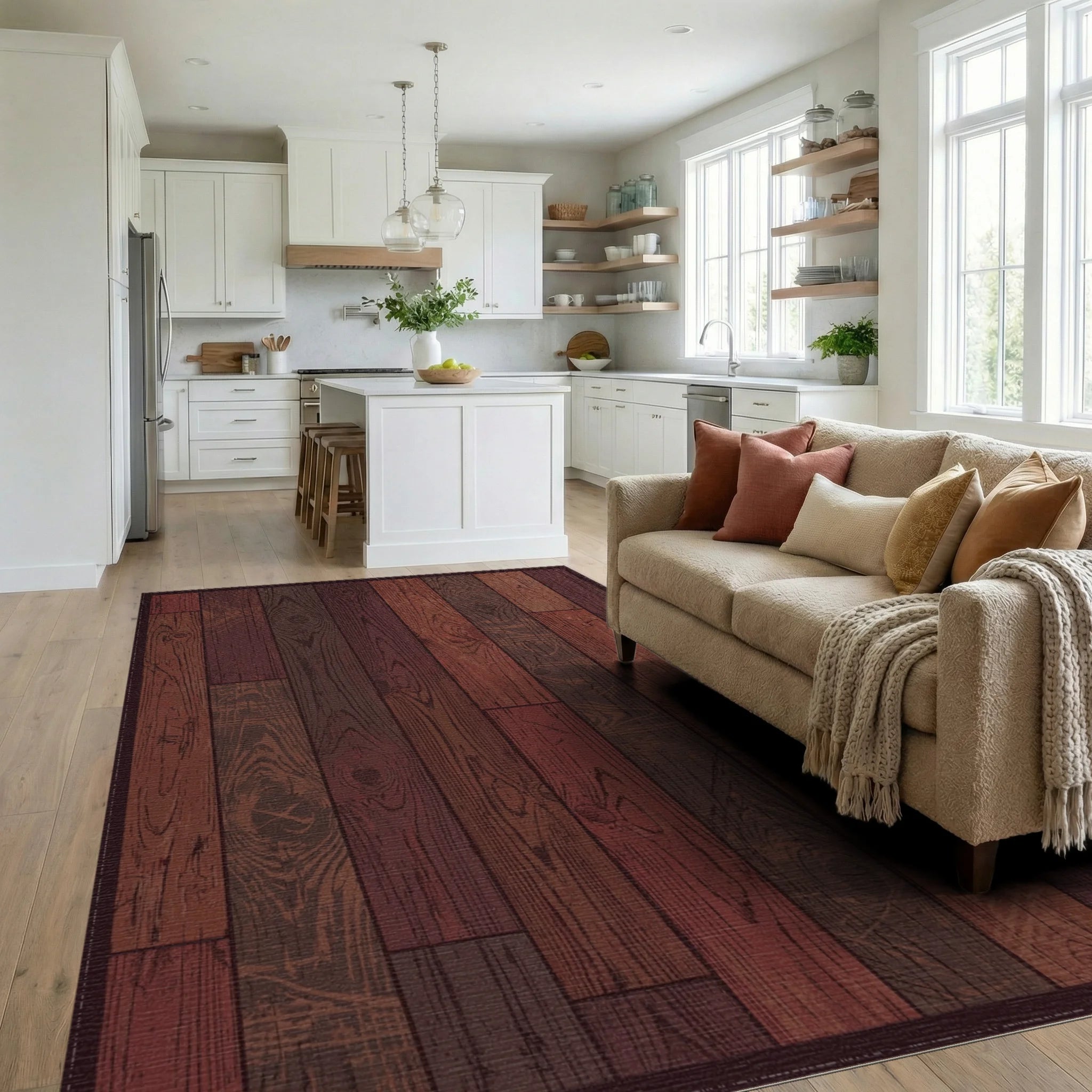 Rustic Dark Wood Grain Planks Rug Living Room View